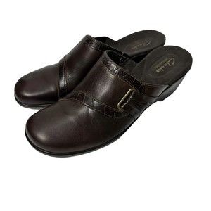 Clarks Bendable Mules Slip On Size 8 Wedge Leather Brown Comfortable 2 Inch Heel